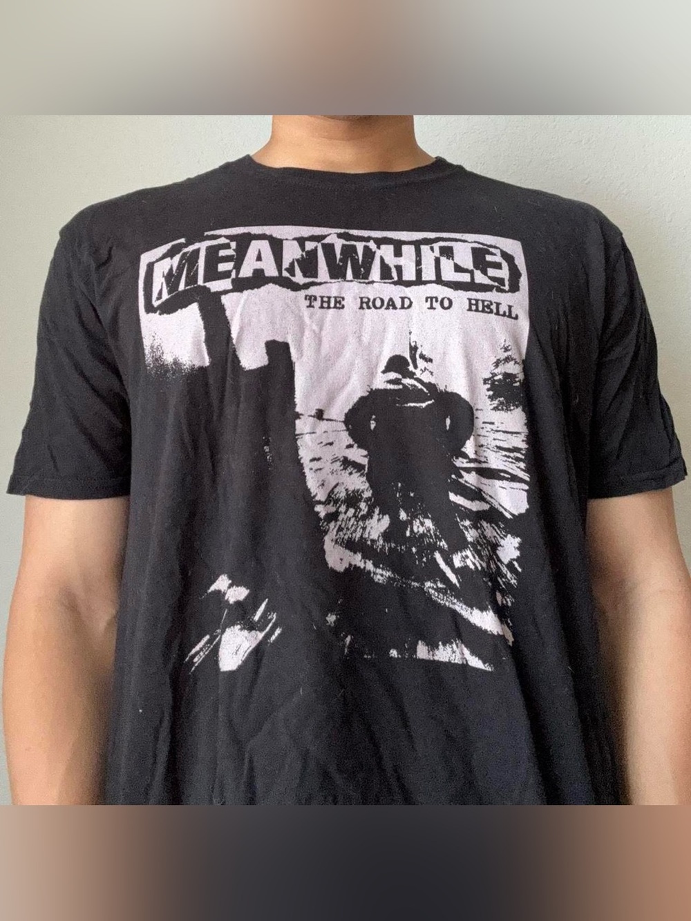 Vintage 1996 Meanwhile The Road to Hell Graphics Black Tee Shirt